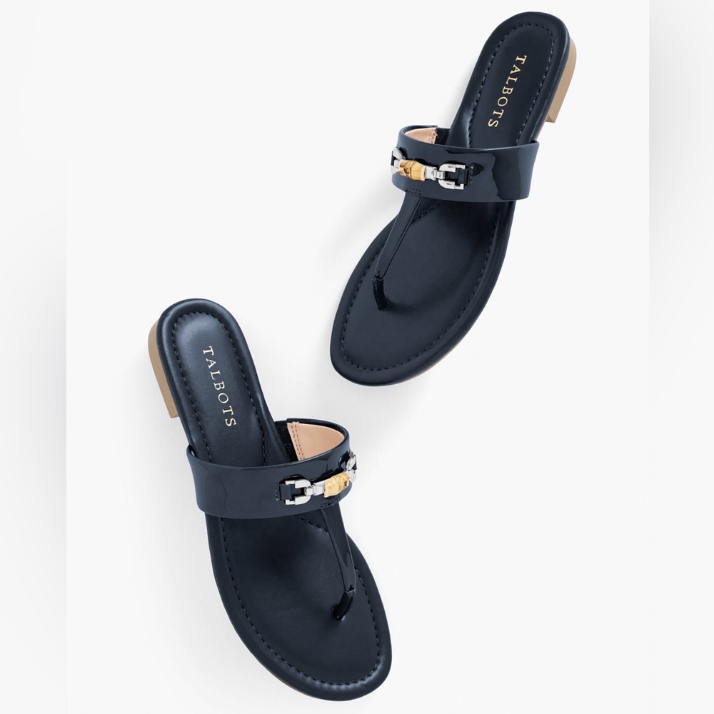 TALBOTS NWT 10 Gia Bamboo Thong Sandals • Navy Blue Flip Flops Slides Nautical